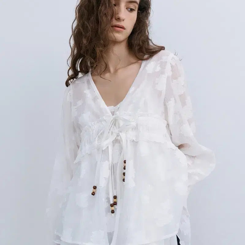 [BUNJANG] Apingler LEAF Cardigan/Blouse Setup (Ivory M) / 에핑글러 LEAF 가디건/ 블라우스 셋업 (아이보리 M)