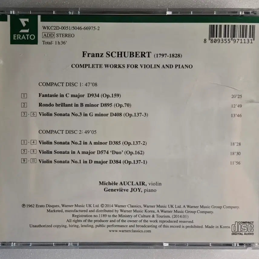 [BUNJANG] Michèle Auclair Schubert Complete Violin Works 2CD (Erato/Warner Music Korea) / 미셸 오클레르-슈베르트 바이올린 작품 전집 2CD