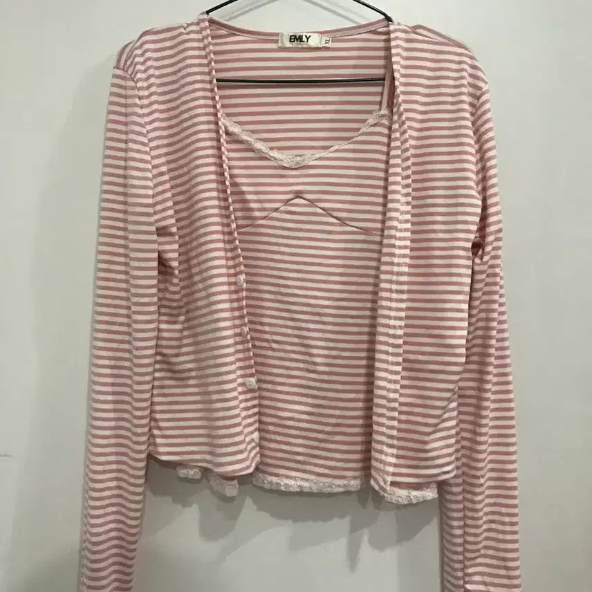 [BUNJANG] Pink Stripe Lace Detail Cardigan / 핑크 스트라이프 가디건