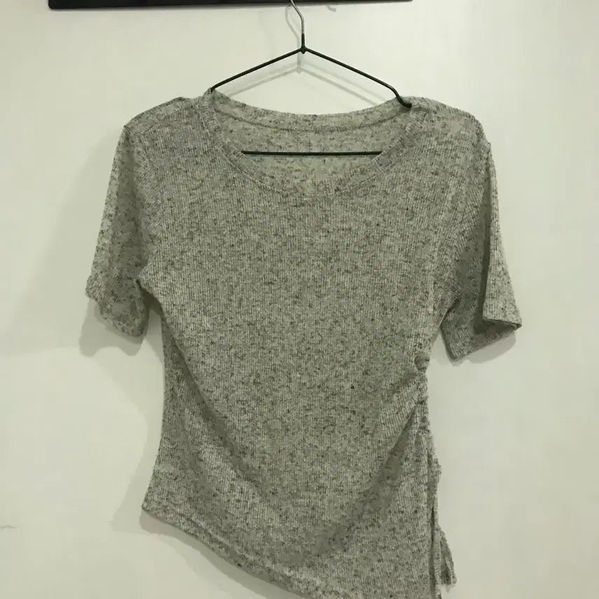 [BUNJANG] Mélange Gray Short Sleeve Wrap Style Crop Knit Top / 멜란지 그레이 반팔 랩 스타일 크롭 니트