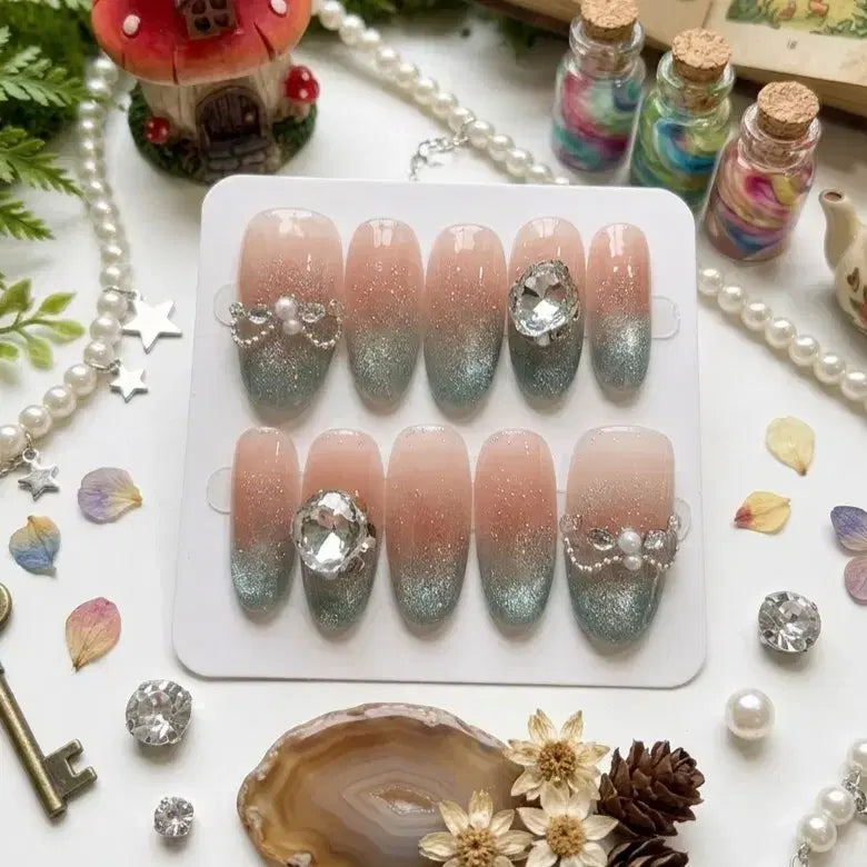 [BUNJANG] Mint Glitter Gradient Nail Tips with Cubic and Ribbon Accent (M Size) / 92번 민트 글리터 그라데이션 네일팁