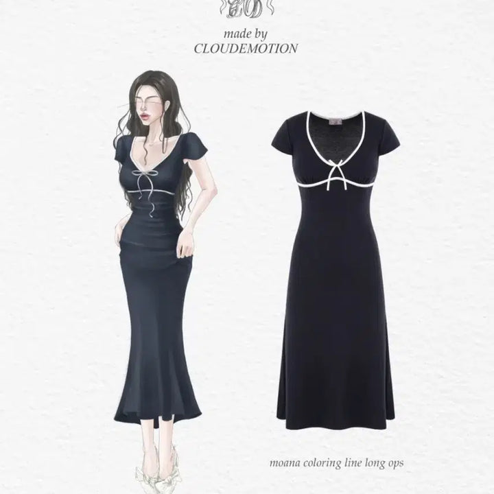 [BUNJANG] CLOUDEMOTION Moana Line Long Dress White Detail Ribbon / 클라우드이모션 CLOUDEMOTION 모아나 라인 롱 원피스