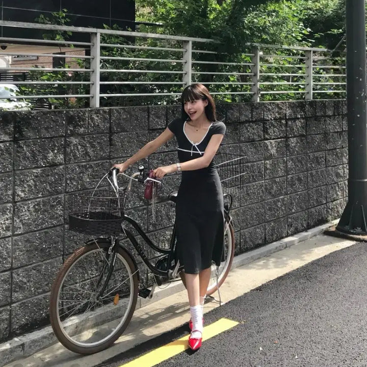 [BUNJANG] CLOUDEMOTION Moana Line Long Dress White Detail Ribbon / 클라우드이모션 CLOUDEMOTION 모아나 라인 롱 원피스