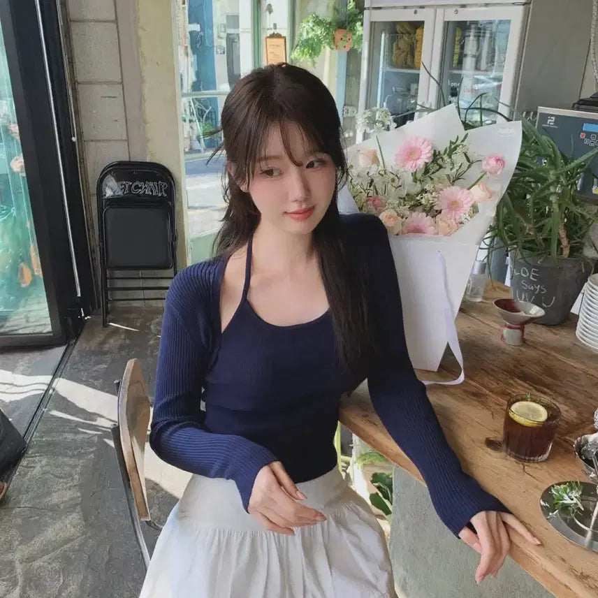[BUNJANG] Lebeauh Sophie Halter Knit &amp; Bolero Set Navy / 르브아 소피 홀터 니트 &amp; 볼레로 세트 네이비