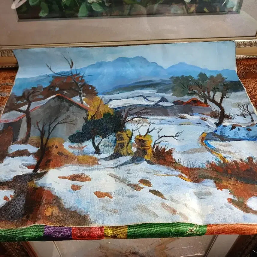 [BUNJANG] Oil Painting: Snow-Covered Mountain Village Landscape / 유화 눈 쌓인 풍경 산골 마을 그림