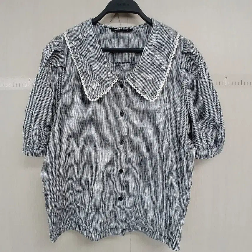[BUNJANG] Mixxo Mono Lace Collar Check Short-Sleeve Blouse / 믹쏘 모노 레이스 카라 체크 반팔 블라우스