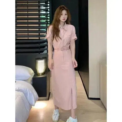 [BUNJANG] Pink Long Dress with Slit and Belt / 새상품 트임 벨트 핑크 롱원피스