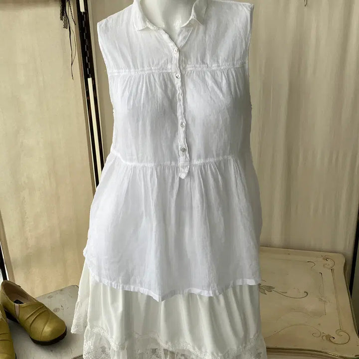 [BUNJANG] Vintage White Frill Sleeveless Blouse / white frill sleeveless blouse