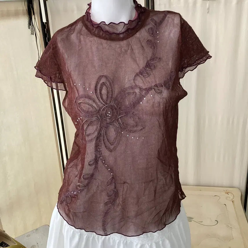 [BUNJANG] Oriental See-through Flower Shirring Blouse 1311 / 오리엔탈 시스루 플라워 셔링 블라우스 1311 모리걸 일본빈티지