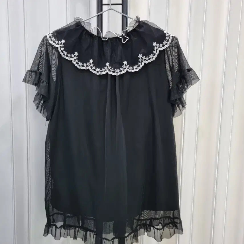 [BUNJANG] Black See-through Lace Ribbon T-Shirt / 블랙 시스루 레이스 리본