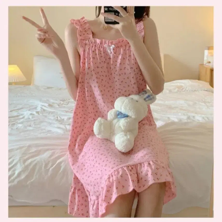 [BUNJANG] Cherry Pattern Pink Slip Dress Pajamas / 체리 잠옷 파자마 홈웨어 슬립 원피스 잠옷 속옷 언더웨어