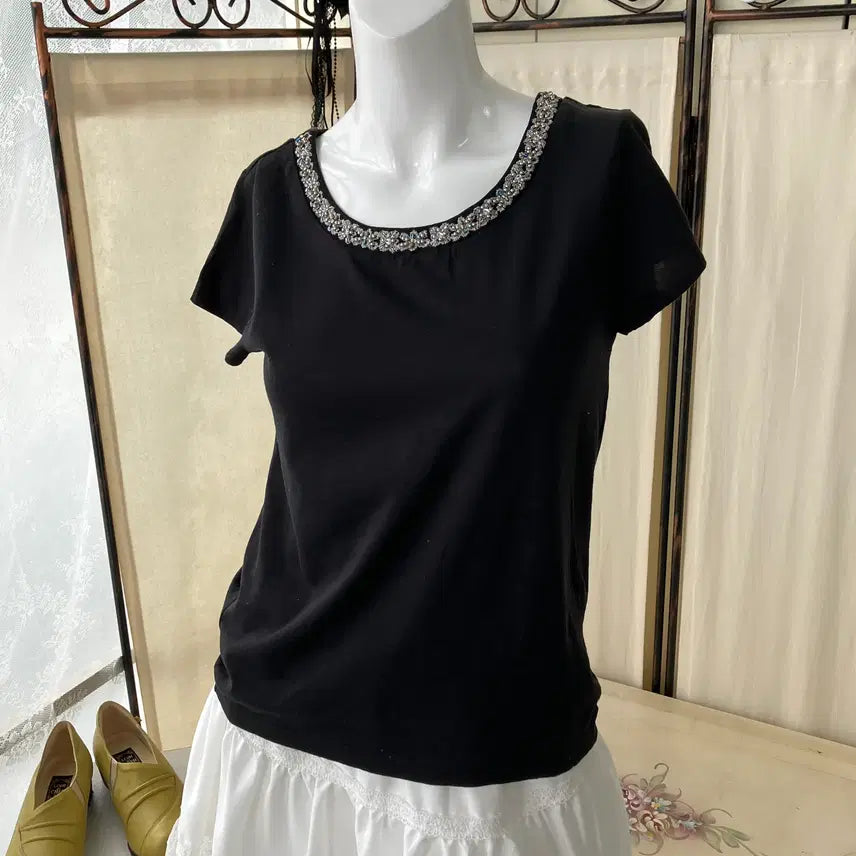 [BUNJANG] Cubic Bead Detail Short Sleeve Top - Mori Girl Japanese Vintage / 큐빅 비즈 디테일 반팔 1308 모리걸 일본빈티지