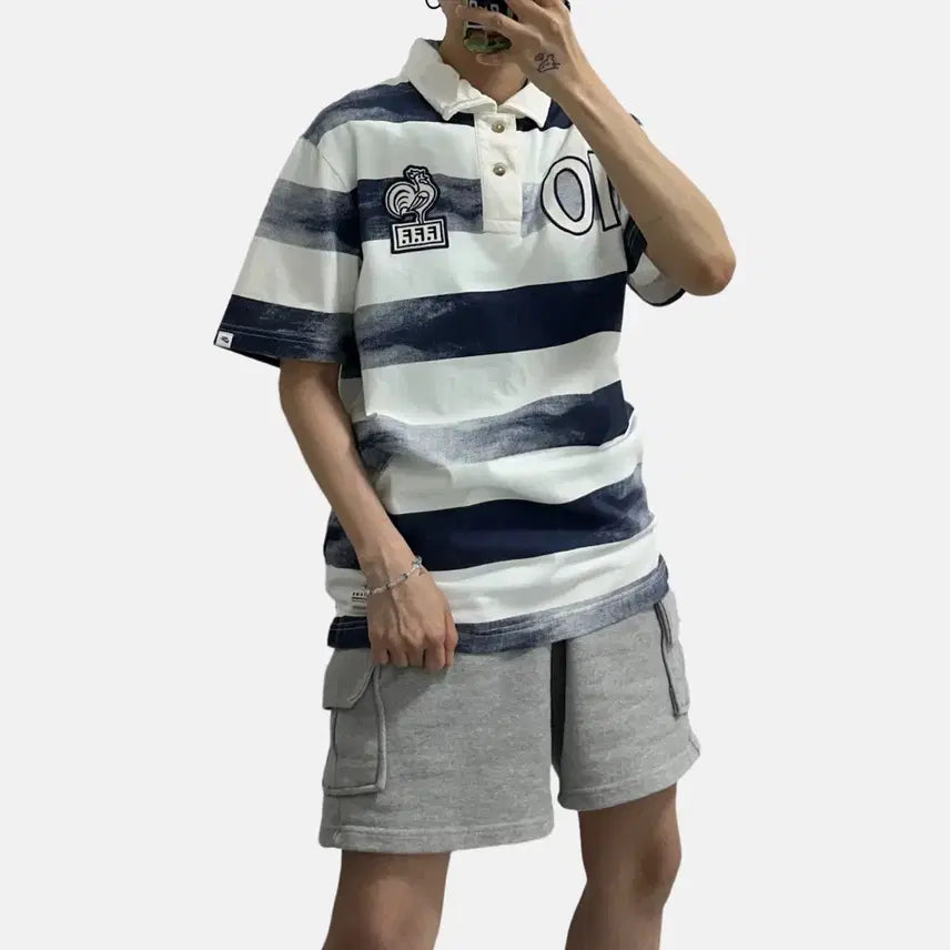 [BUNJANG] Nike France National Team Striped Short Sleeve Polo Shirt / 나이키 프랑스 국대 스트라이프 반팔 카라티 피케셔츠 폴로티