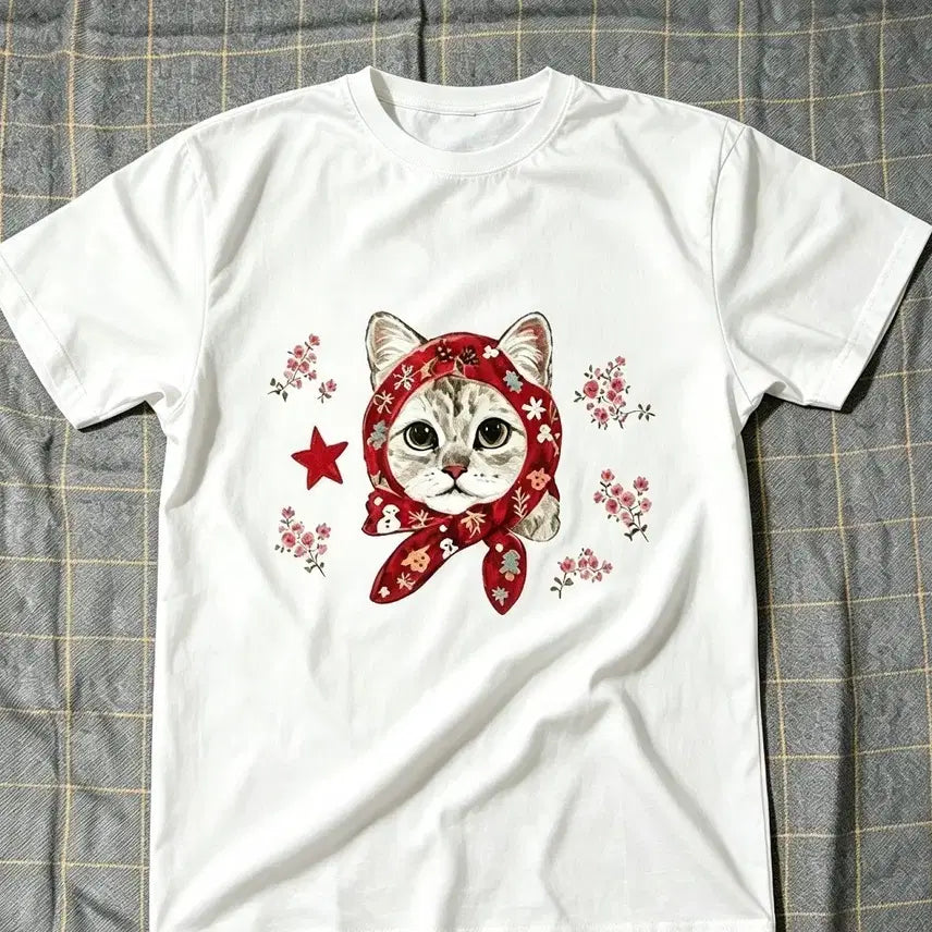 [SOLD OUT] 빨간 머리띠 꽃 고양이 그래픽 화이트 티셔츠 M사이즈 거의 새상품