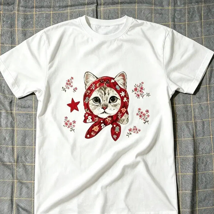 [SOLD OUT] 빨간 머리띠 꽃 고양이 그래픽 화이트 티셔츠 M사이즈 거의 새상품