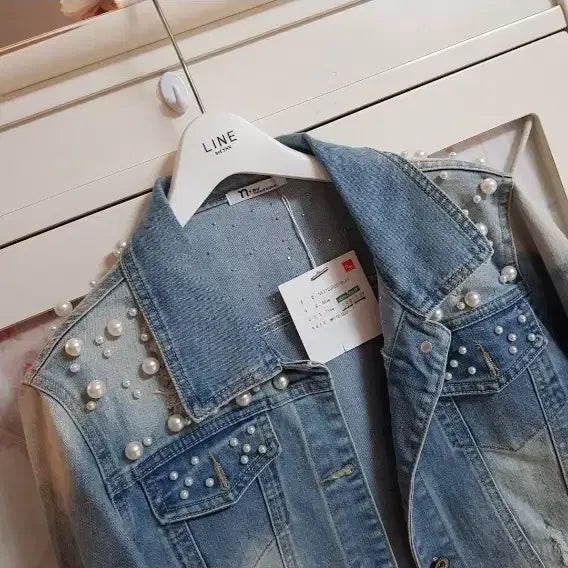 [BUNJANG] Pearl Embellished Denim Jacket (Size 55-66) / 진주장식 데님자켓/55-66 새상품