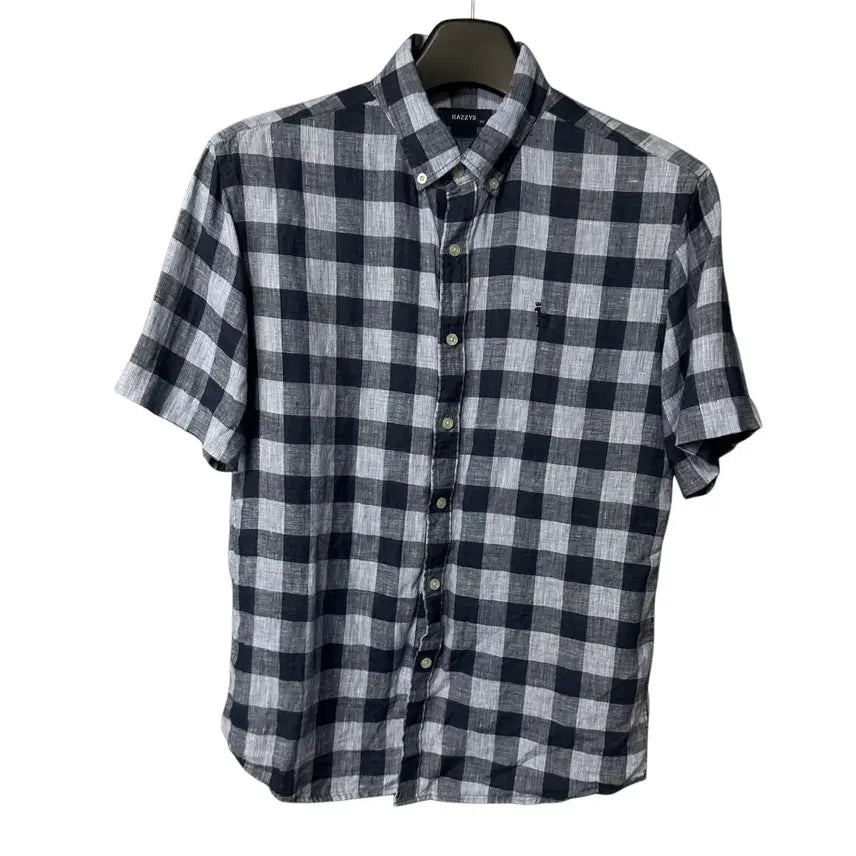 [BUNJANG] Hazzys Blue Check Linen Half Shirt / 100 헤지스 로고 블루 체크 린넨 하프 셔츠