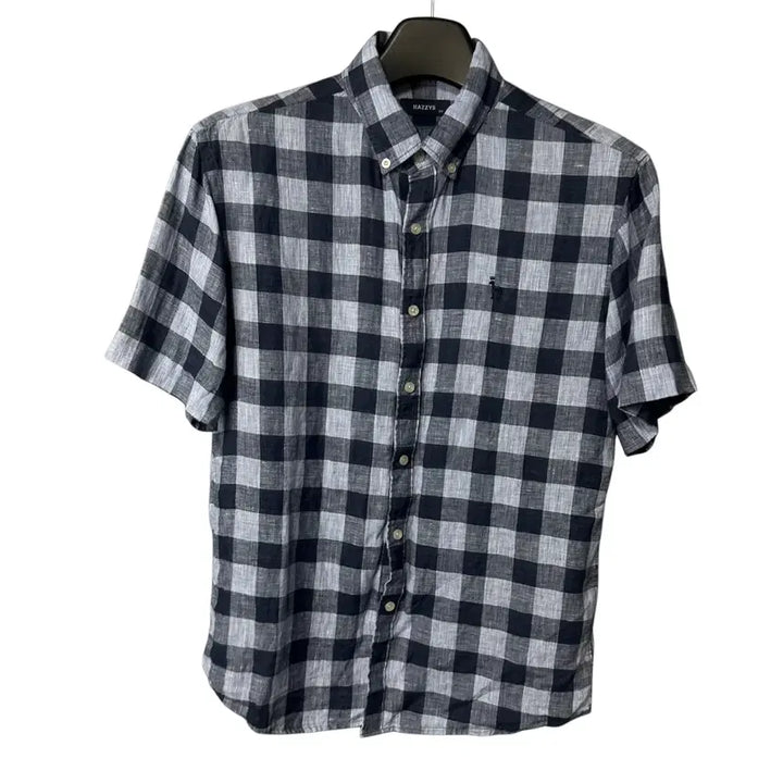 [BUNJANG] Hazzys Blue Check Linen Half Shirt / 100 헤지스 로고 블루 체크 린넨 하프 셔츠