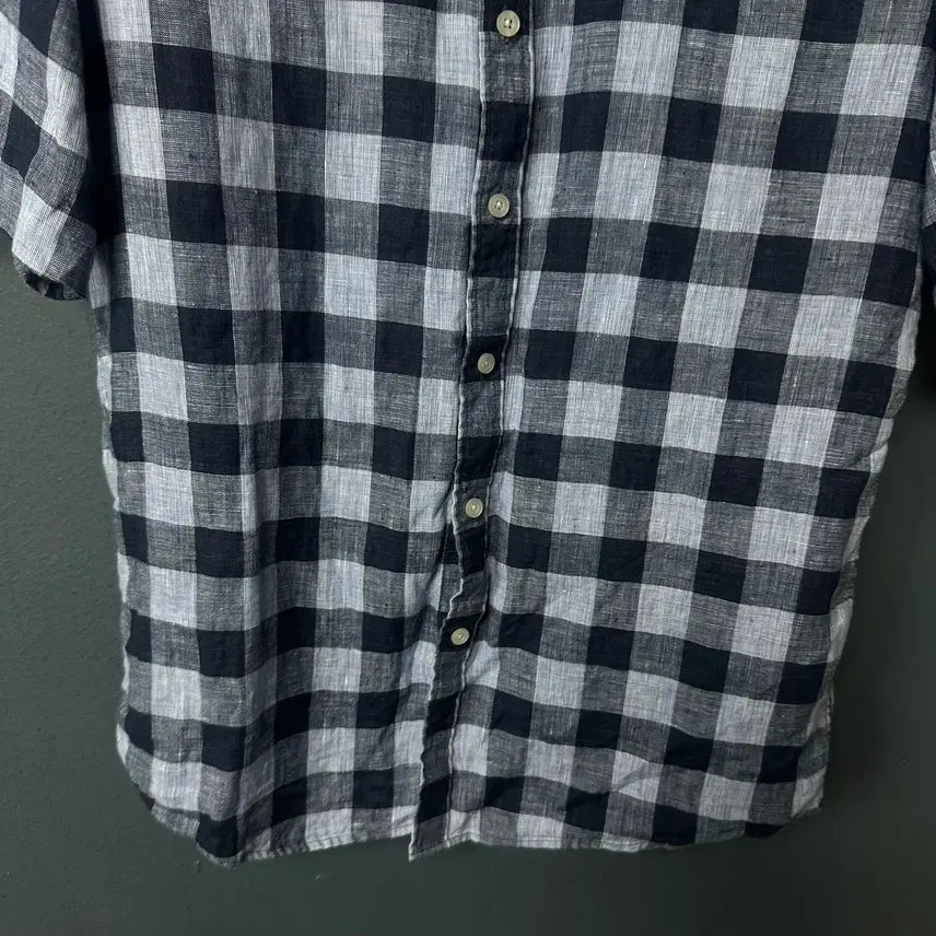 [BUNJANG] Hazzys Blue Check Linen Half Shirt / 100 헤지스 로고 블루 체크 린넨 하프 셔츠