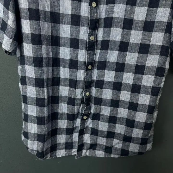 [BUNJANG] Hazzys Blue Check Linen Half Shirt / 100 헤지스 로고 블루 체크 린넨 하프 셔츠