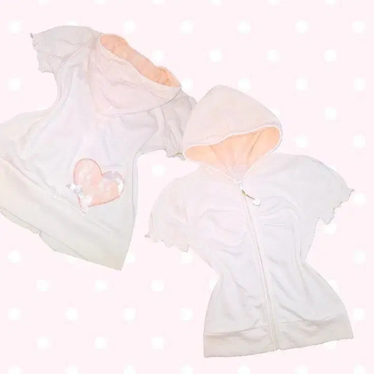 [BUNJANG] Riz Lissa Pink Lace Heart Puff Hoodie Zip-Up / 초희귀 리즈리사 히메갸루 핑크 레이스 하트 퍼프 후드 집업