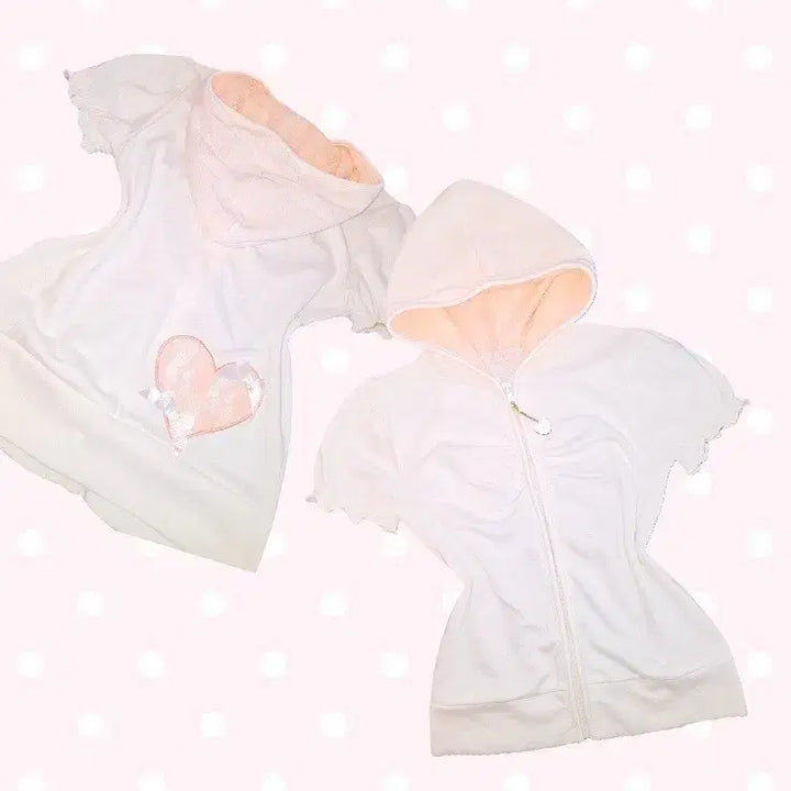 [BUNJANG] Riz Lissa Pink Lace Heart Puff Hoodie Zip-Up / 초희귀 리즈리사 히메갸루 핑크 레이스 하트 퍼프 후드 집업