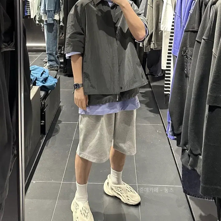 [SOLD OUT] (M) 23ss 준지 나일론 숏슬리브 레이어드 집업 반팔 셔츠