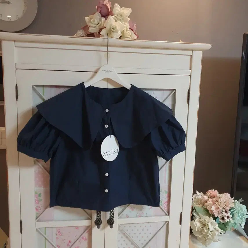 [BUNJANG] Zyellish Navy Big Collar Puff Sleeve Blouse / Zyellish 네이비 빅카라 퍼프 소매 블라우스/55-66 새상품