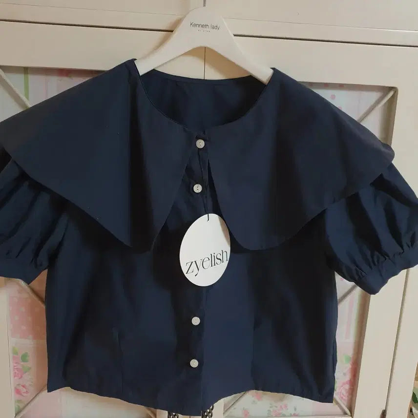 [BUNJANG] Zyellish Navy Big Collar Puff Sleeve Blouse / Zyellish 네이비 빅카라 퍼프 소매 블라우스/55-66 새상품