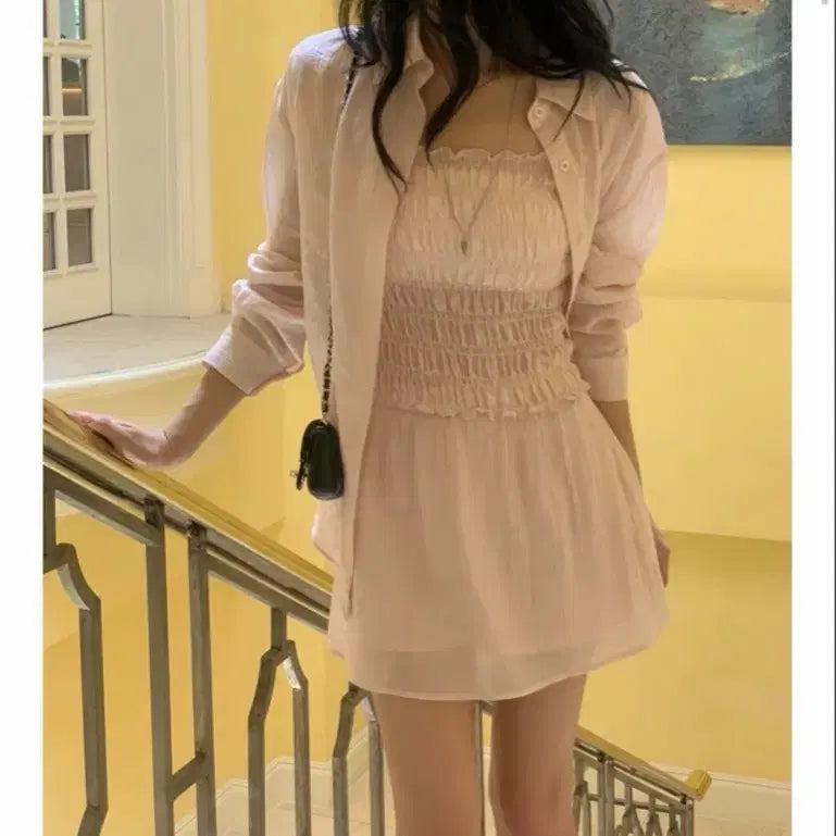 [BUNJANG] Merion Difny Layered See-through Shirt Set / 메리온 디프니 레이어드 세트 시스루셔츠