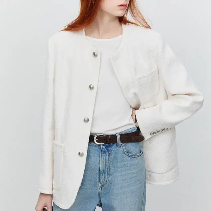 [BUNJANG] Dunst Unisex Collarless Tweed Jacket Ivory / 던스트 unisex collarless tweed jacket ivory