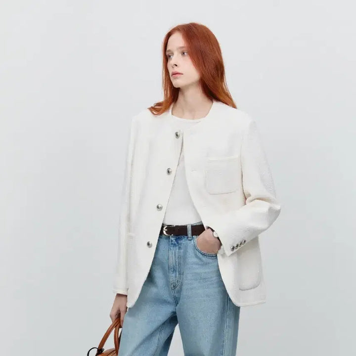 [BUNJANG] Dunst Unisex Collarless Tweed Jacket Ivory / 던스트 unisex collarless tweed jacket ivory