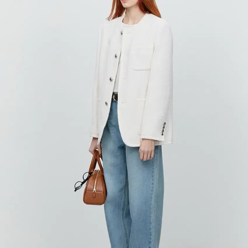 [BUNJANG] Dunst Unisex Collarless Tweed Jacket Ivory / 던스트 unisex collarless tweed jacket ivory