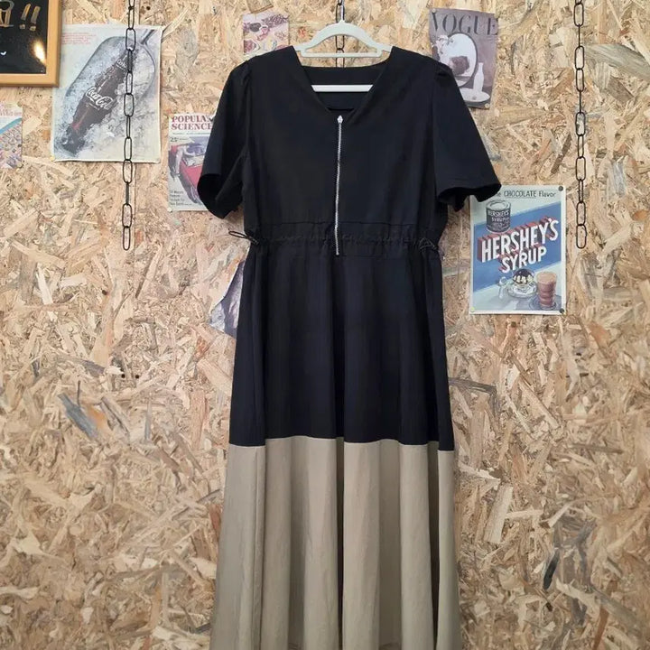 [BUNJANG] Colorblock Long Dress with Waist String / 바스락 허리스트링 배색 롱 원피스 F