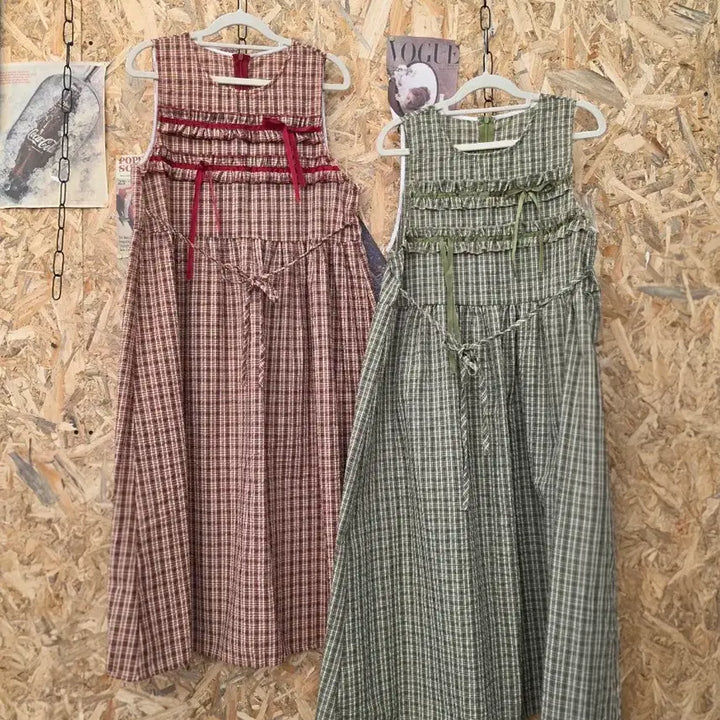 [BUNJANG] Checkered Frill Dress (Red/Green) / 미사용) 체크무늬 프릴 원피스 (빨강/초록)