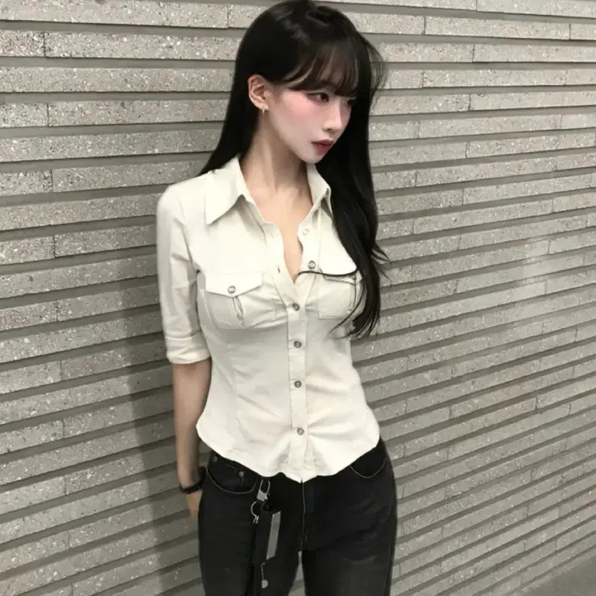 [SOLD OUT] (새옷) 포켓 버튼 슬림핏 셔츠반팔티