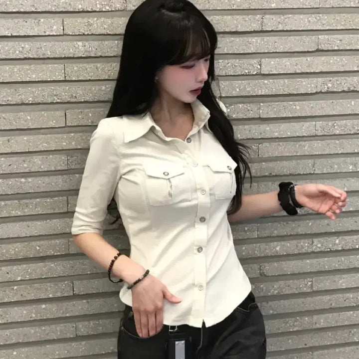 [SOLD OUT] (새옷) 포켓 버튼 슬림핏 셔츠반팔티