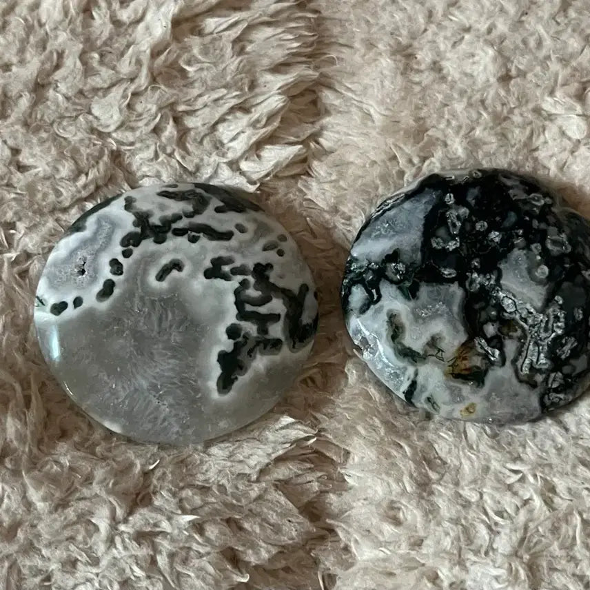 [BUNJANG] Natural Moss Agate Flat Palmstone Carving / (일괄) 천연원석 모스 아게이트 플랫 팜스톤 카빙 원석 이끼 마노