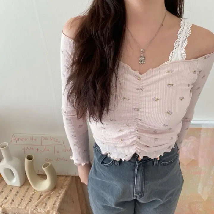 [BUNJANG] Rose Frill Shirring T-Shirt / (새상품) 로즈 프릴 셔링티