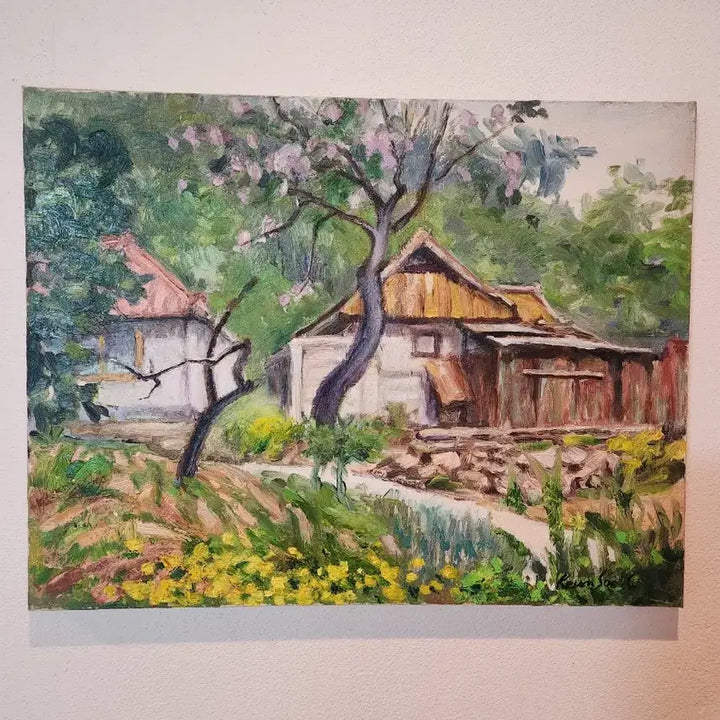 [BUNJANG] Jang Geun Soo "Village with Paulownia Blossoms" Oil Painting / [소장가치] 장근수 화백의 서정적인 유화 작품 - 오동나무 꽃이 핀 마을