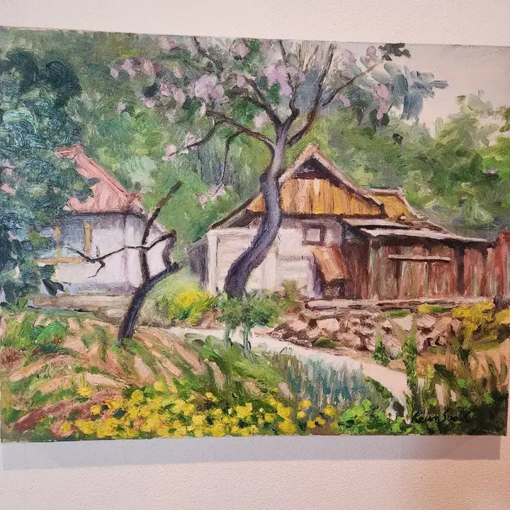 [BUNJANG] Jang Geun Soo "Village with Paulownia Blossoms" Oil Painting / [소장가치] 장근수 화백의 서정적인 유화 작품 - 오동나무 꽃이 핀 마을