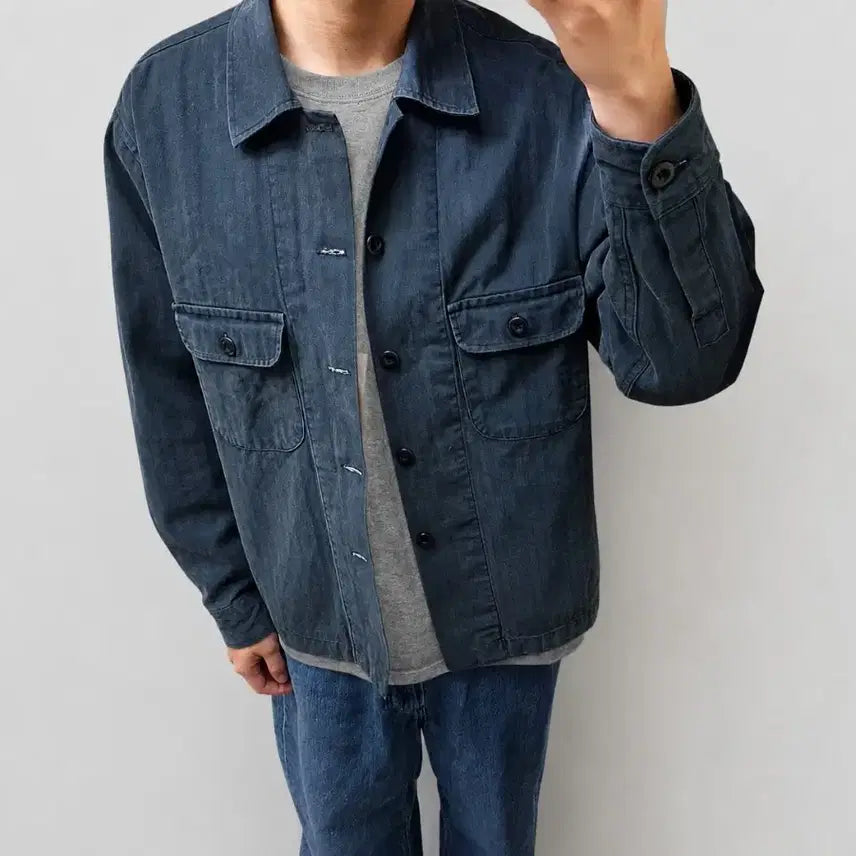 [BUNJANG] Tela Washed Navy Herringbone Twill Cotton Utility Shirt Jacket / tela 뗄라 워시드 네이비 헤링본 트윌 코튼 유틸리티 셔츠 자켓
