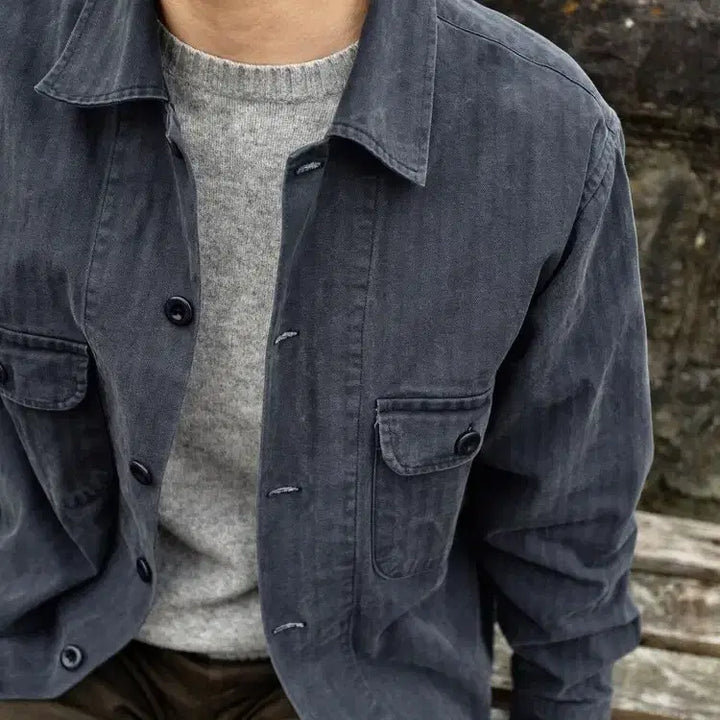 [BUNJANG] Tela Washed Navy Herringbone Twill Cotton Utility Shirt Jacket / tela 뗄라 워시드 네이비 헤링본 트윌 코튼 유틸리티 셔츠 자켓