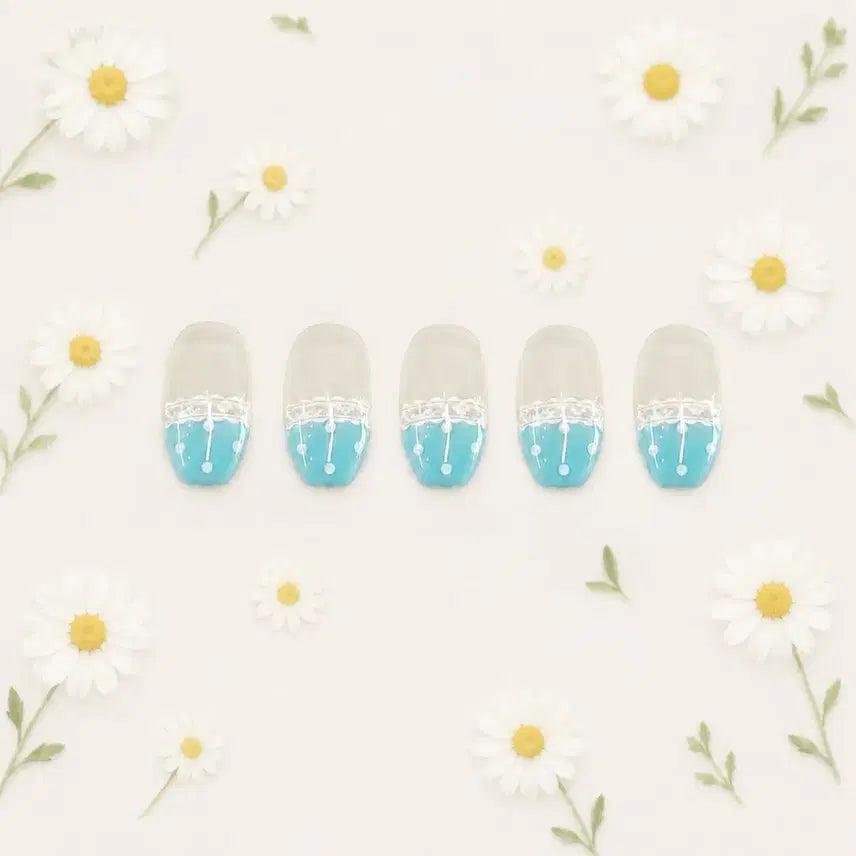 [BUNJANG] Handmade Cotton Mint Nail Tips with White Lace and Dots / 코튼 민트 수제 네일팁