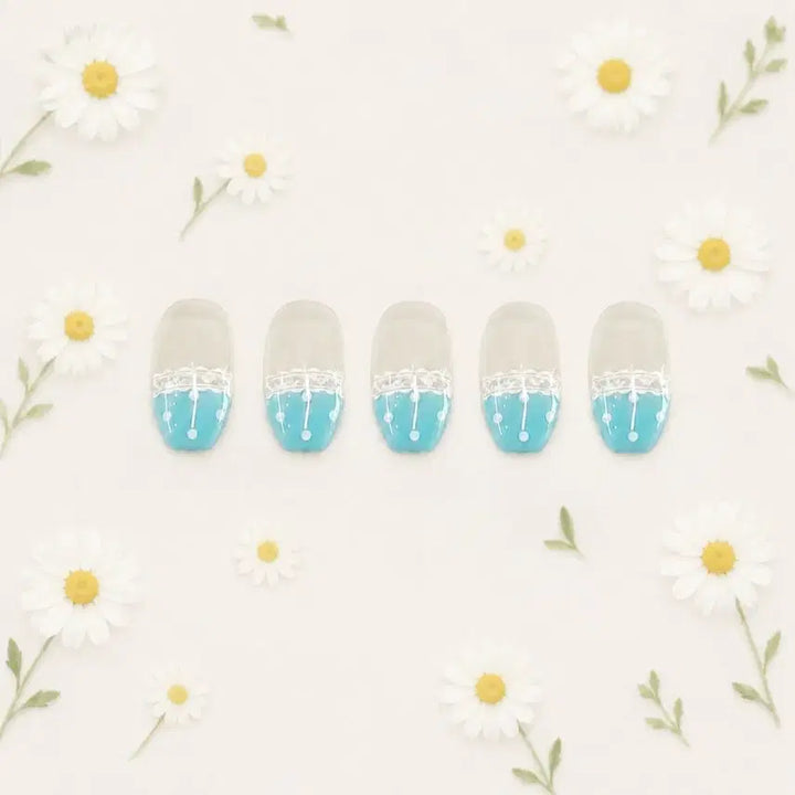 [BUNJANG] Handmade Cotton Mint Nail Tips with White Lace and Dots / 코튼 민트 수제 네일팁