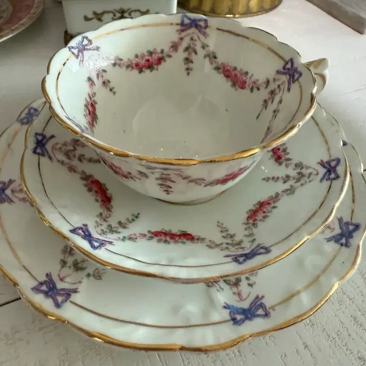 [BUNJANG] George Warrilow &amp; Sons Purple Ribbon Bone China Tea Cup Trio / 영국 앤틱 리본티잔트리오
