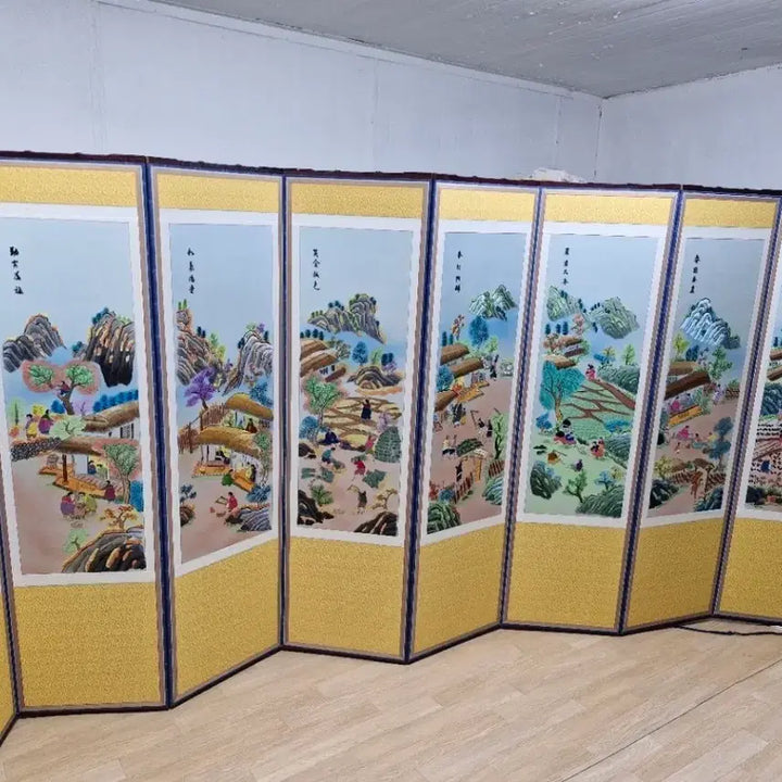 [BUNJANG] Korean Folk Painting 8-Panel Folding Screen / 깨끗한 농경 풍속도 8폭 수병풍 입니다