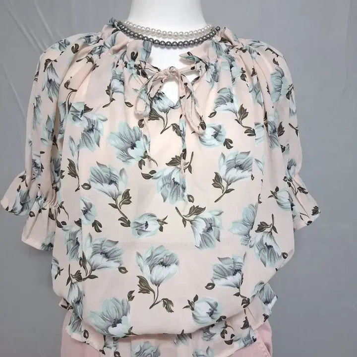 [BUNJANG] Floral Chiffon Blouse &amp; Pink Denim Pants Set / 2개일괄 플로럴 쉬폰 블라우스 &amp; 핑크 데님 팬츠 세트