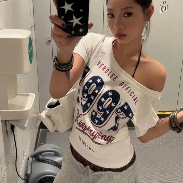 [BUNJANG] Vintage White One-Shoulder T-Shirt / 빈티지 화이트 원숄더 반팔 티셔츠