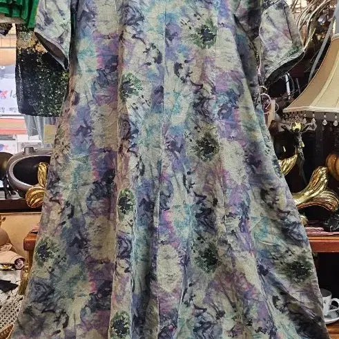 [BUNJANG] Linen Tie-Dye Long Dress with Flower Brooch / 린넨마나염 롱원피스